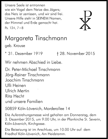 Anzeige von Margareta Tinschmann von Kölner Stadt-Anzeiger / Kölnische Rundschau / Express