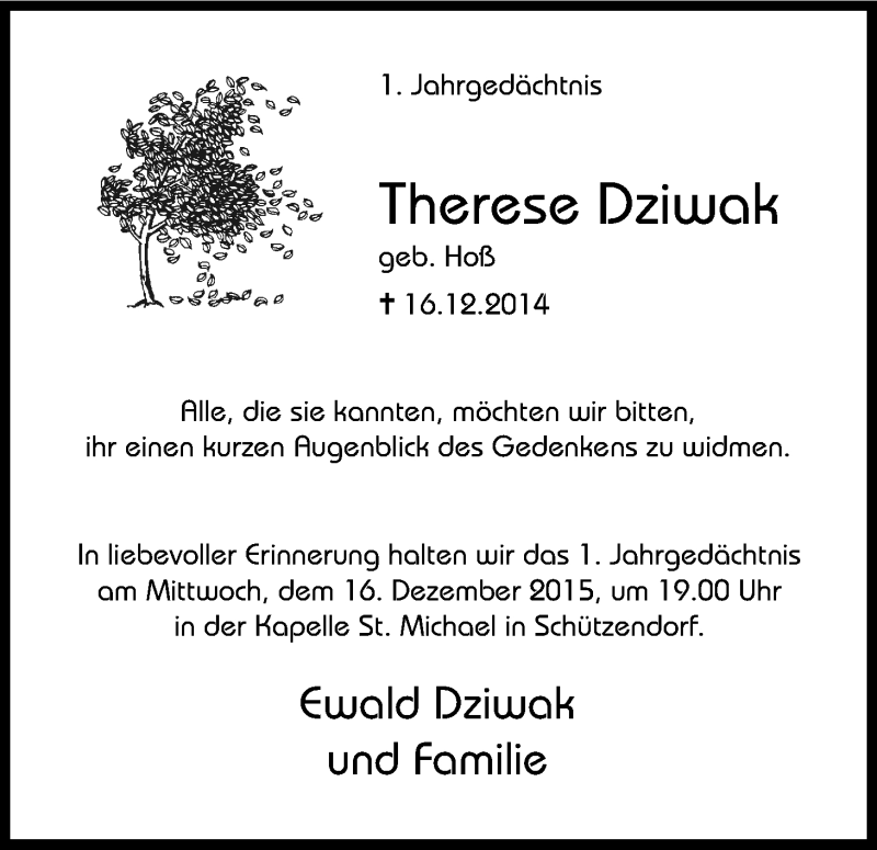  Traueranzeige für Therese Dziwak vom 12.12.2015 aus Kölner Stadt-Anzeiger / Kölnische Rundschau / Express