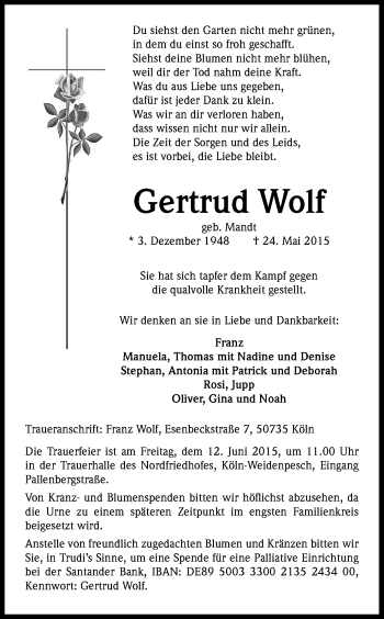 Anzeige von Gertrud Wolf von Kölner Stadt-Anzeiger / Kölnische Rundschau / Express