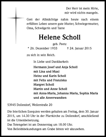 Anzeige von Helene Scholl von Kölner Stadt-Anzeiger / Kölnische Rundschau / Express