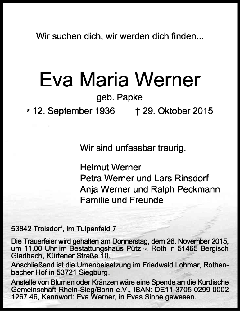  Traueranzeige für Eva Maria Werner vom 07.11.2015 aus Kölner Stadt-Anzeiger / Kölnische Rundschau / Express