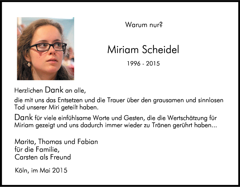  Traueranzeige für Miriam Scheidel vom 16.05.2015 aus Kölner Stadt-Anzeiger / Kölnische Rundschau / Express