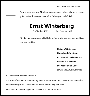 Anzeige von Ernst Winterberg von Kölner Stadt-Anzeiger / Kölnische Rundschau / Express
