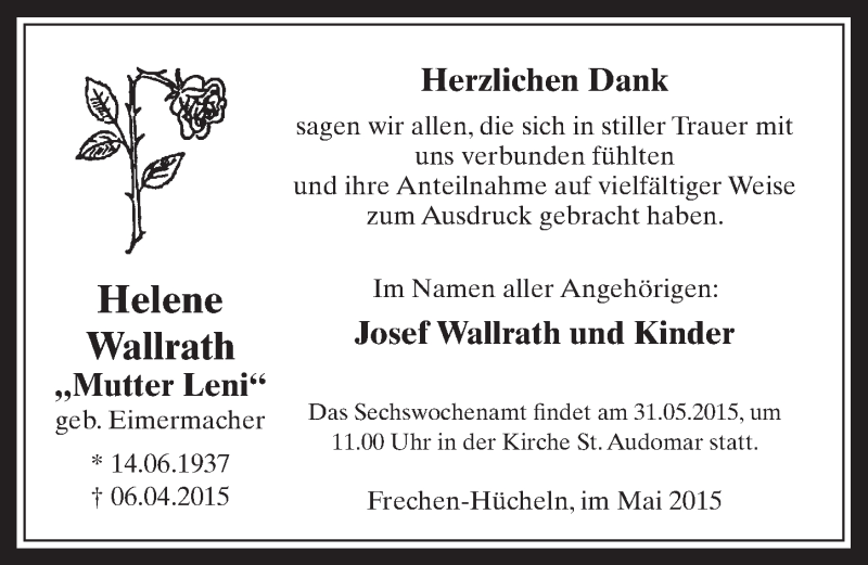  Traueranzeige für Helene Wallrath vom 23.05.2015 aus  Sonntags-Post 