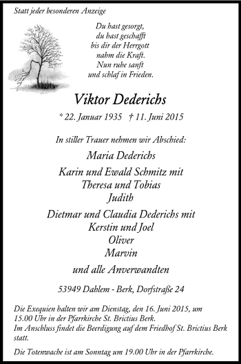 Anzeige von Viktor Dederichs von Kölner Stadt-Anzeiger / Kölnische Rundschau / Express