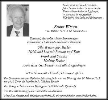 Anzeige von Erwin Wiesen von Kölner Stadt-Anzeiger / Kölnische Rundschau / Express