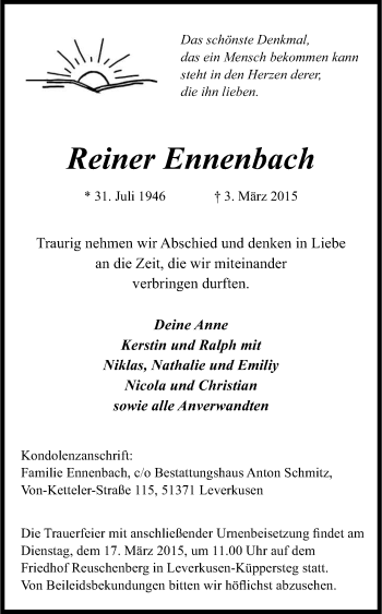 Anzeige von Reiner Ennenbach von Kölner Stadt-Anzeiger / Kölnische Rundschau / Express