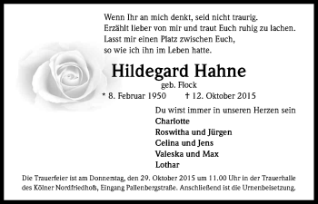 Anzeige von Hildegard Hahne von Kölner Stadt-Anzeiger / Kölnische Rundschau / Express