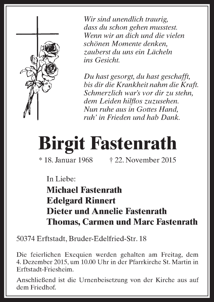  Traueranzeige für Birgit Fastenrath vom 02.12.2015 aus  Werbepost 