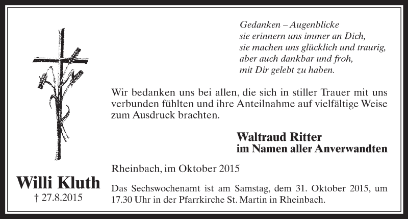  Traueranzeige für Willi Kluth vom 21.10.2015 aus  Schaufenster/Blickpunkt 