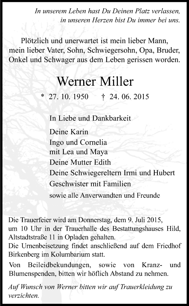  Traueranzeige für Werner Miller vom 04.07.2015 aus Kölner Stadt-Anzeiger / Kölnische Rundschau / Express