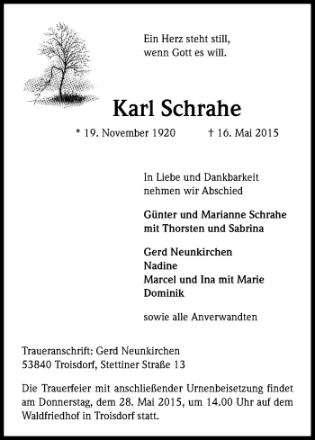 Anzeige von Karl Schrahe von Kölner Stadt-Anzeiger / Kölnische Rundschau / Express