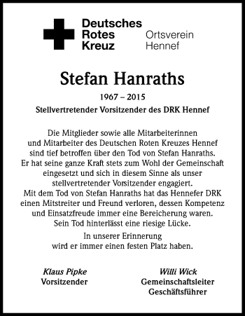 Anzeige von Stefan Hanraths von Kölner Stadt-Anzeiger / Kölnische Rundschau / Express