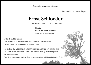 Anzeige von Ernst Schloeder von Kölner Stadt-Anzeiger / Kölnische Rundschau / Express