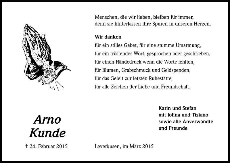  Traueranzeige für Arno Kunde vom 14.03.2015 aus Kölner Stadt-Anzeiger / Kölnische Rundschau / Express