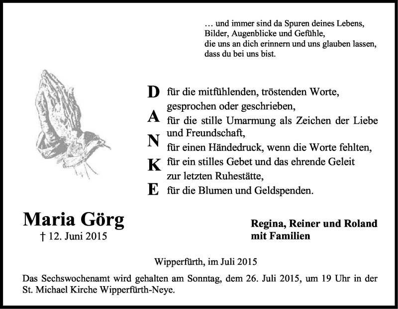  Traueranzeige für Maria Görg vom 18.07.2015 aus Kölner Stadt-Anzeiger / Kölnische Rundschau / Express