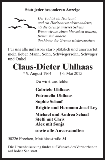 Anzeige von Claus-Dieter Uhlhaas von  Wochenende 