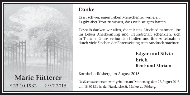  Traueranzeige für Marie Fütterer vom 19.08.2015 aus  Schlossbote/Werbekurier 