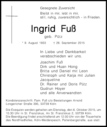 Anzeige von Ingrid Fuß von Kölner Stadt-Anzeiger / Kölnische Rundschau / Express