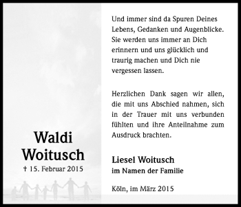 Anzeige von Waldi Woitusch von Kölner Stadt-Anzeiger / Kölnische Rundschau / Express