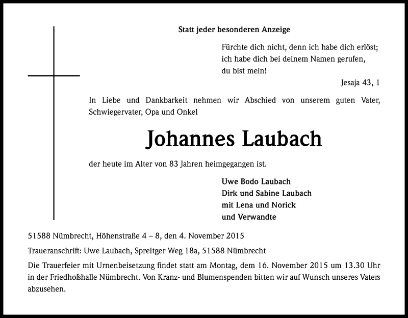  Traueranzeige für Johannes Laubach vom 07.11.2015 aus Kölner Stadt-Anzeiger / Kölnische Rundschau / Express