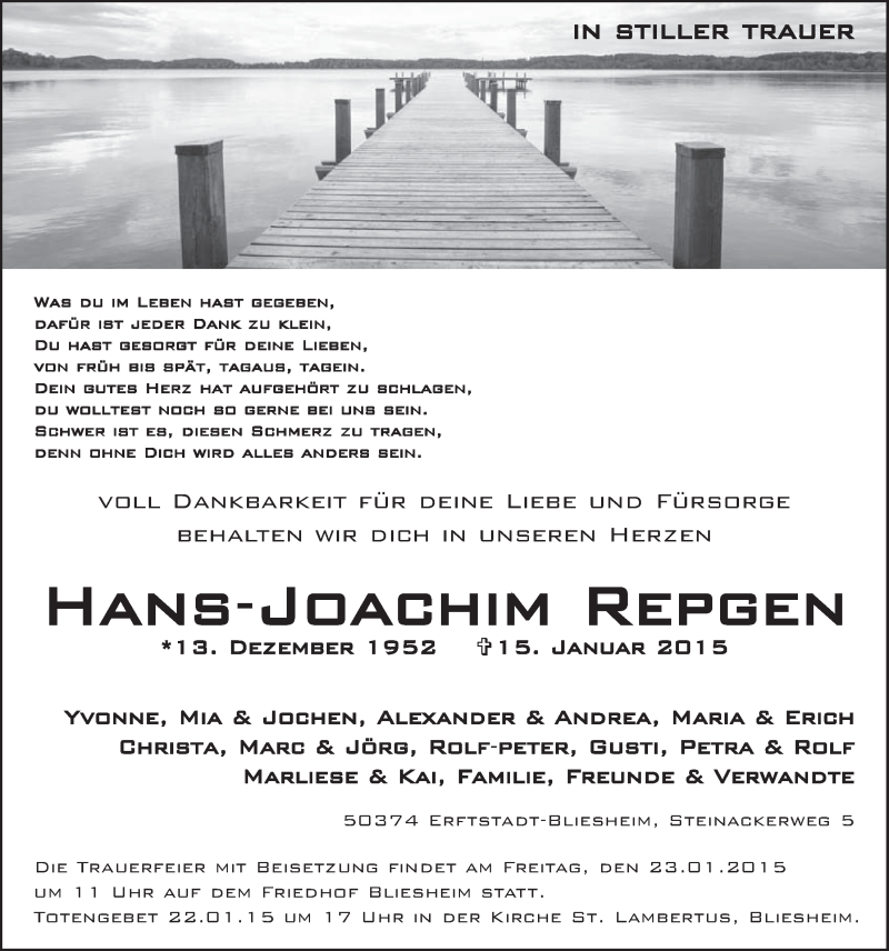  Traueranzeige für Hans-Joachim Repgen vom 21.01.2015 aus  Werbepost 