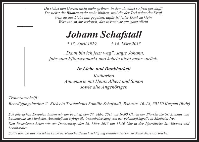  Traueranzeige für Johann Schafstall vom 21.03.2015 aus  Sonntags-Post 