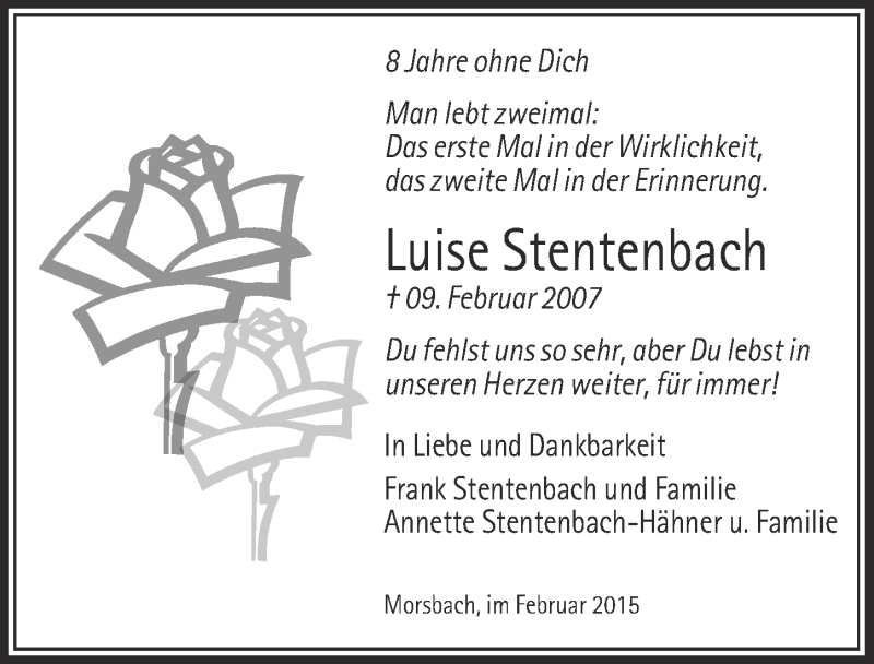  Traueranzeige für Luise Stentenbach vom 11.02.2015 aus  Lokalanzeiger 