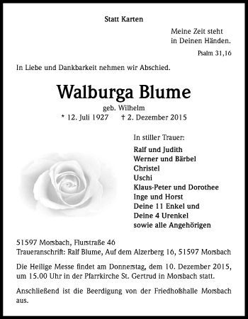 Anzeige von Walburga Blume von Kölner Stadt-Anzeiger / Kölnische Rundschau / Express