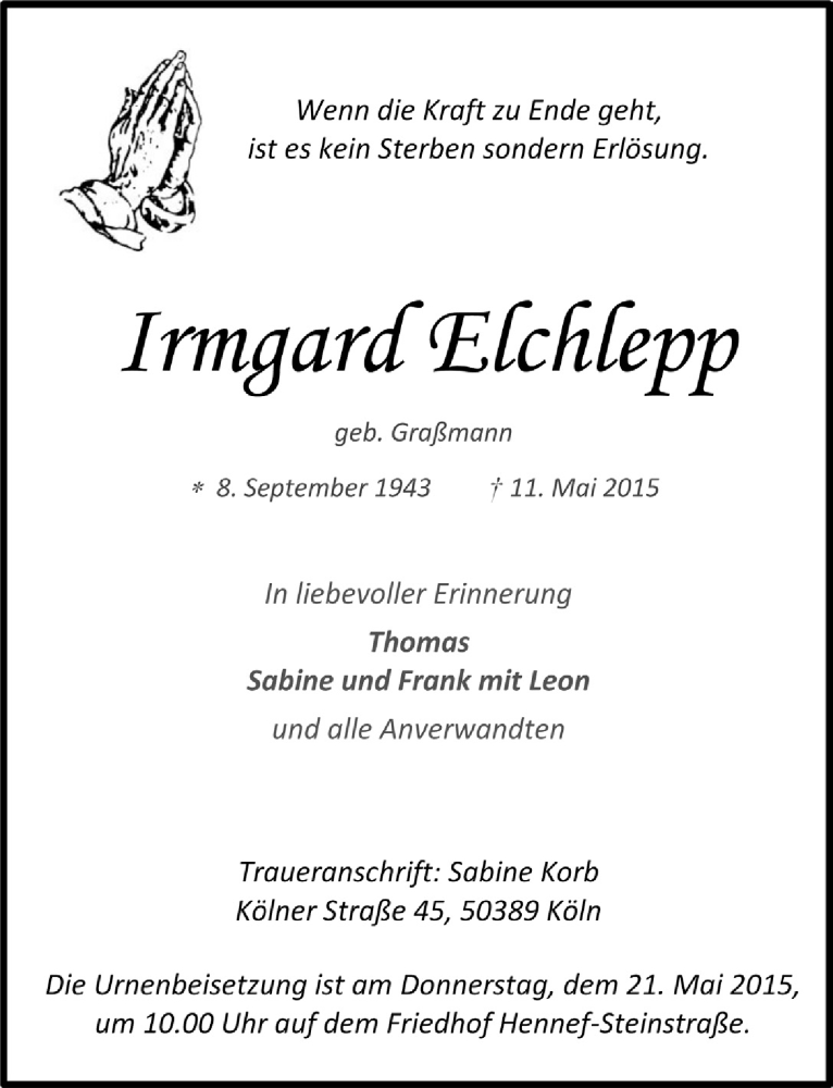  Traueranzeige für Irmgard Elchlepp vom 20.05.2015 aus  Extra Blatt 