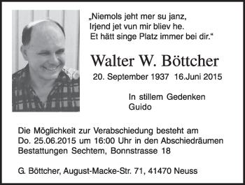 Anzeige von Walter Böttcher von  Schlossbote/Werbekurier 
