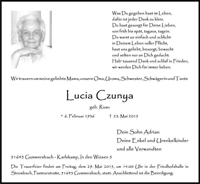  Traueranzeige für Lucia Czunya vom 27.05.2015 aus Kölner Stadt-Anzeiger / Kölnische Rundschau / Express