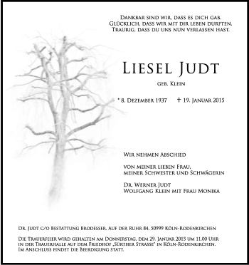Anzeige von Liesel Judt von Kölner Stadt-Anzeiger / Kölnische Rundschau / Express
