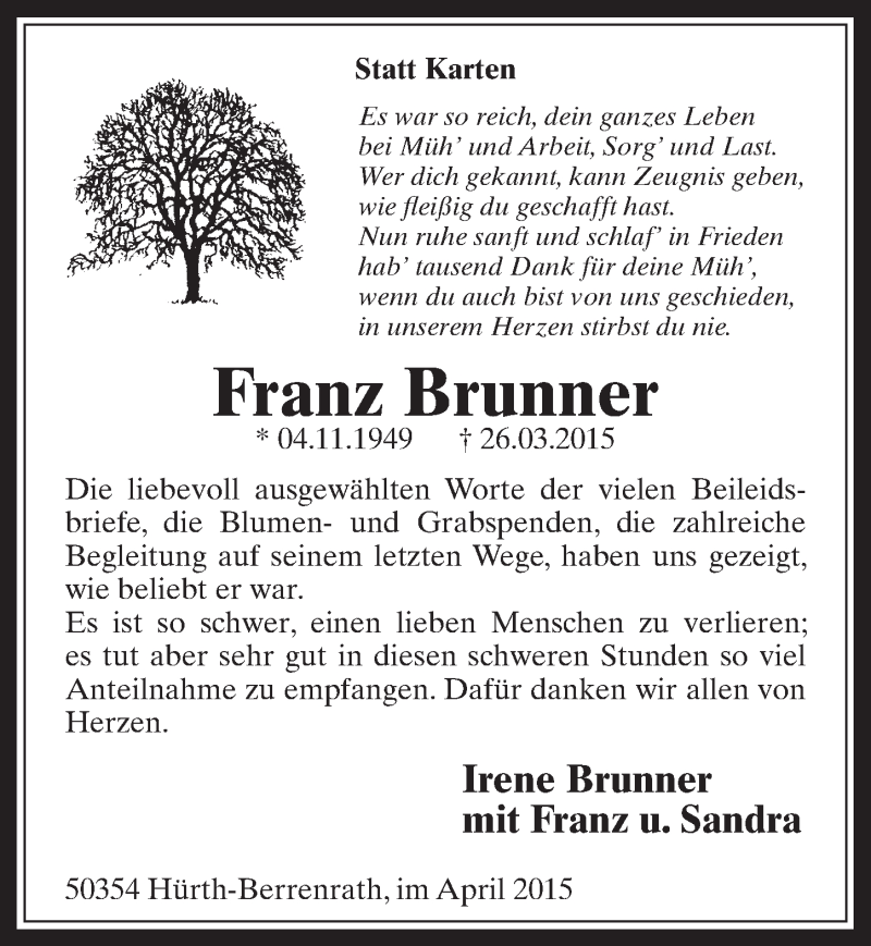  Traueranzeige für Franz Brunner vom 29.04.2015 aus  Wochenende 