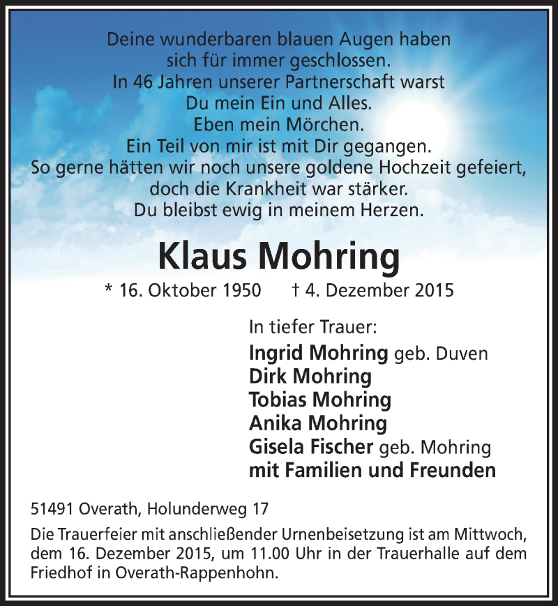  Traueranzeige für Klaus Mohring vom 09.12.2015 aus  Bergisches Handelsblatt 
