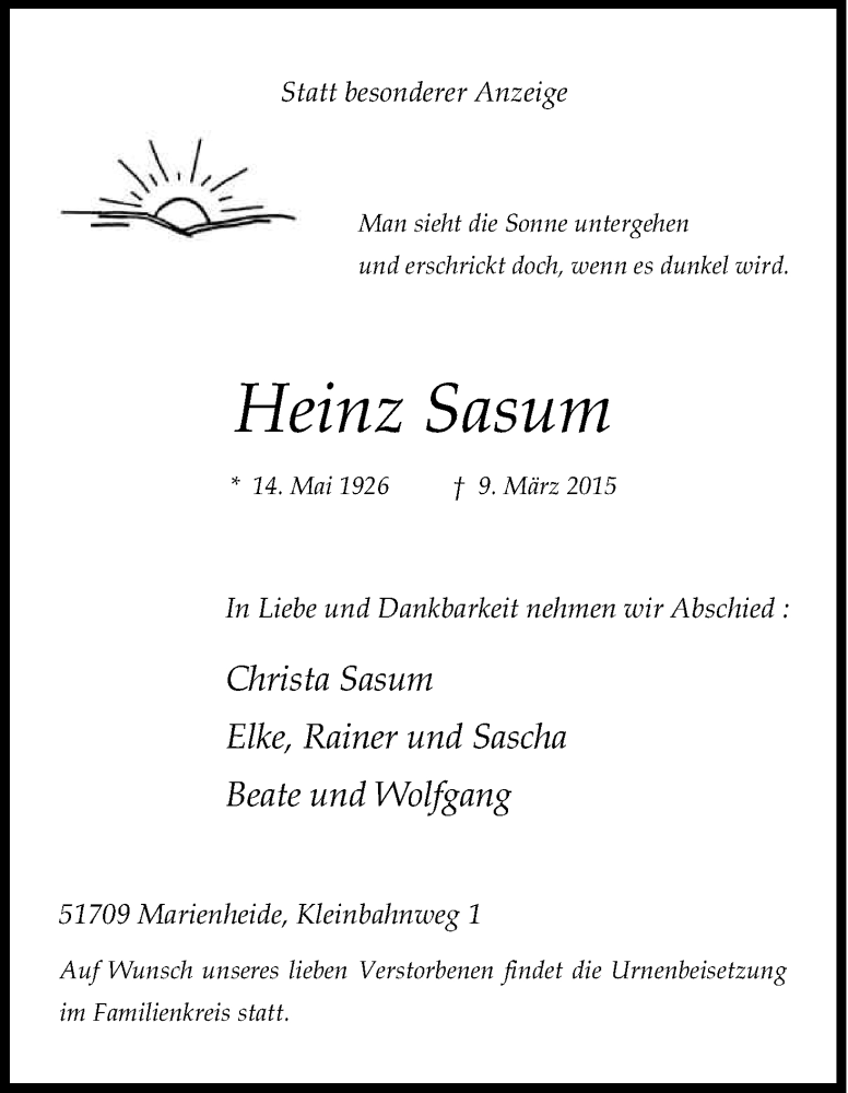  Traueranzeige für Heinz Sasum vom 14.03.2015 aus Kölner Stadt-Anzeiger / Kölnische Rundschau / Express