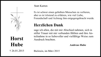 Anzeige von Horst Hube von Kölner Stadt-Anzeiger / Kölnische Rundschau / Express