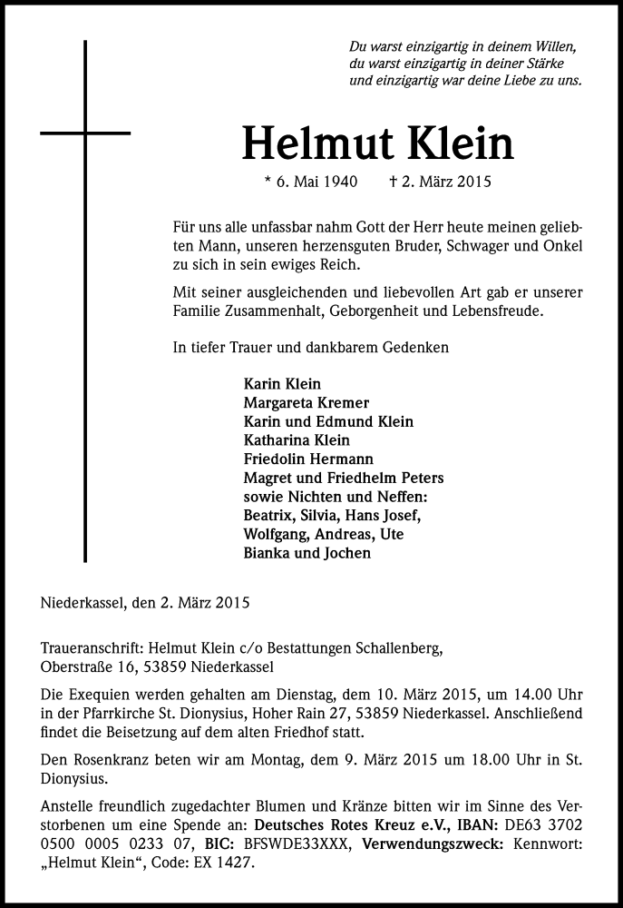  Traueranzeige für Helmut Klein vom 07.03.2015 aus Kölner Stadt-Anzeiger / Kölnische Rundschau / Express