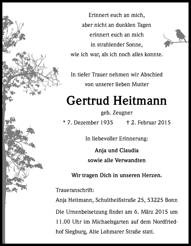  Traueranzeige für Gertrud Heitmann vom 28.02.2015 aus Kölner Stadt-Anzeiger / Kölnische Rundschau / Express