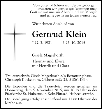 Anzeige von Gertrud Klein von Kölner Stadt-Anzeiger / Kölnische Rundschau / Express