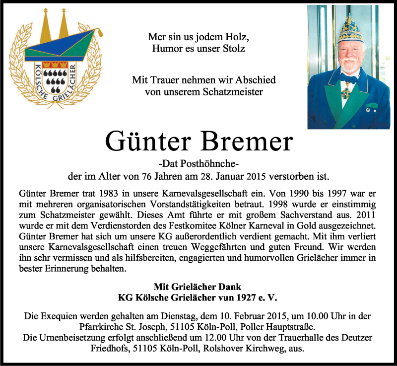  Traueranzeige für Günter Bremer vom 07.02.2015 aus Kölner Stadt-Anzeiger / Kölnische Rundschau / Express