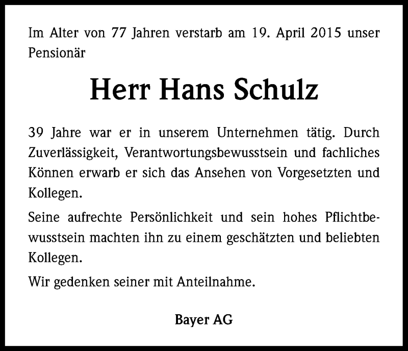  Traueranzeige für Hans Schulz vom 06.05.2015 aus Kölner Stadt-Anzeiger / Kölnische Rundschau / Express