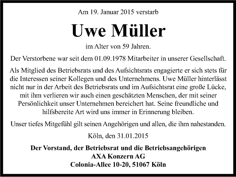  Traueranzeige für Uwe Müller vom 31.01.2015 aus Kölner Stadt-Anzeiger / Kölnische Rundschau / Express