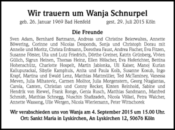 Anzeige von Wanja Schnurpel von Kölner Stadt-Anzeiger / Kölnische Rundschau / Express