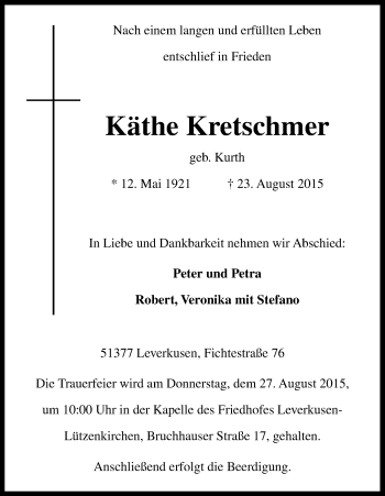 Anzeige von Käthe Kretschmer von Kölner Stadt-Anzeiger / Kölnische Rundschau / Express