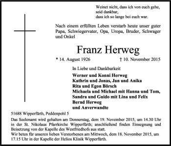 Anzeige von Franz Herweg von Köln - Wir Trauern