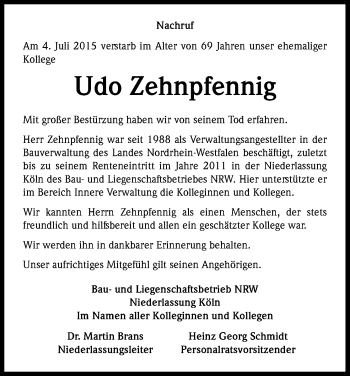 Anzeige von Udo Zehnpfennig von Kölner Stadt-Anzeiger / Kölnische Rundschau / Express
