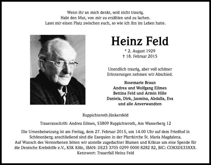  Traueranzeige für Heinz Feld vom 24.02.2015 aus Kölner Stadt-Anzeiger / Kölnische Rundschau / Express