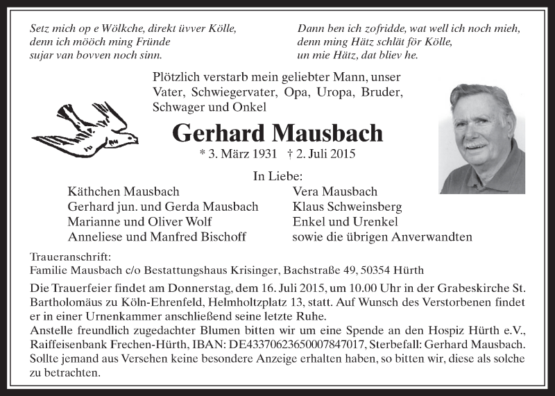 Traueranzeige für Gerhard Mausbach vom 08.07.2015 aus  Wochenende 