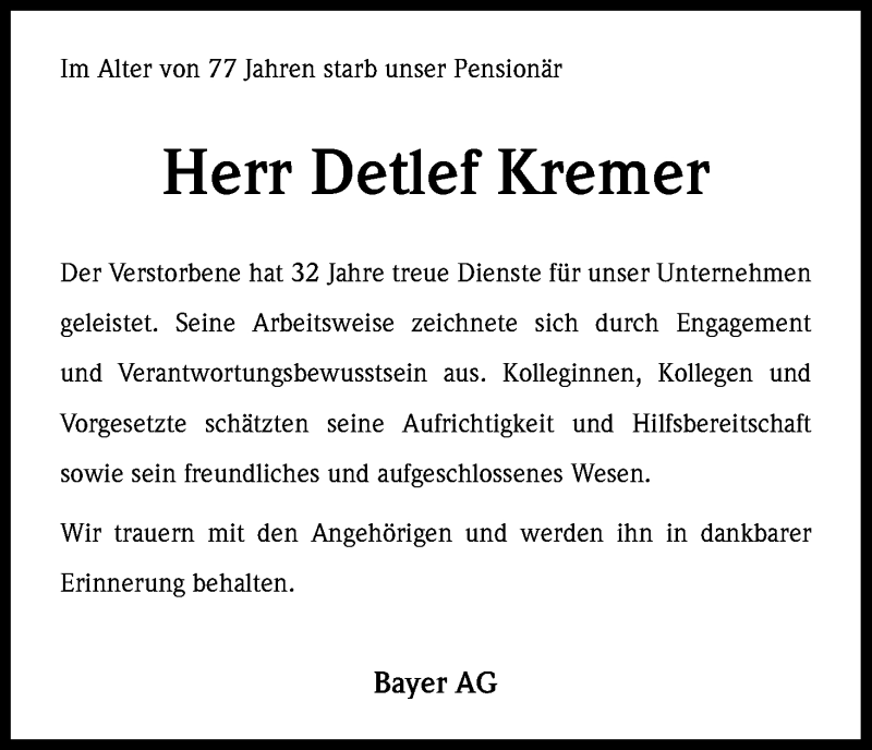  Traueranzeige für Detlef Kremer vom 20.06.2015 aus Kölner Stadt-Anzeiger / Kölnische Rundschau / Express